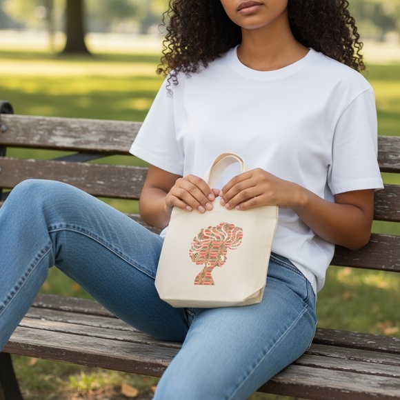 Mini Tote Bag Afrocentric Woman Illustration Kente Cloth Inspired Design - Picture 2 of 3